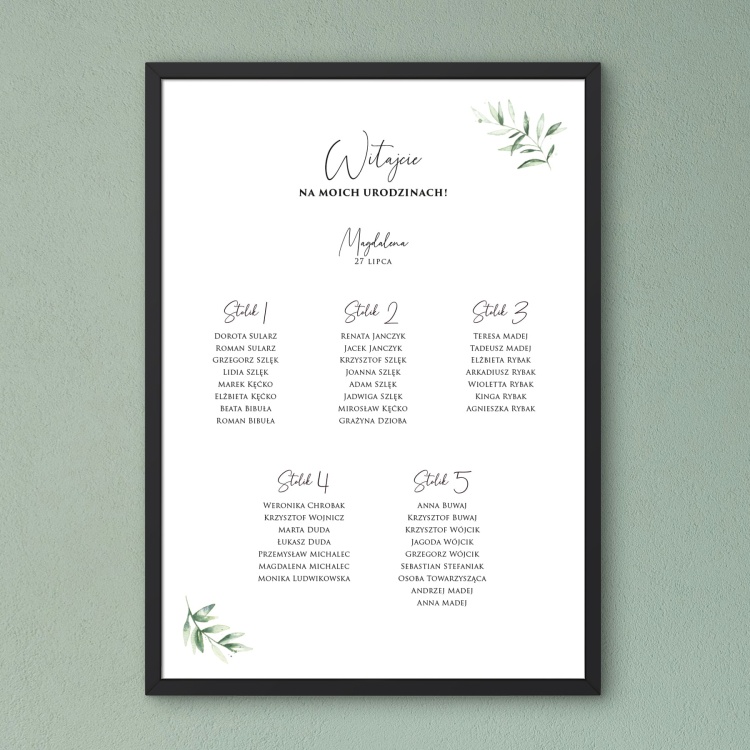 Plan stołu urodzinowego z motywem delikatnych liści