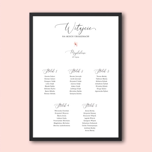 Plan stołu urodzinowego z różowym kwiatuszkiem