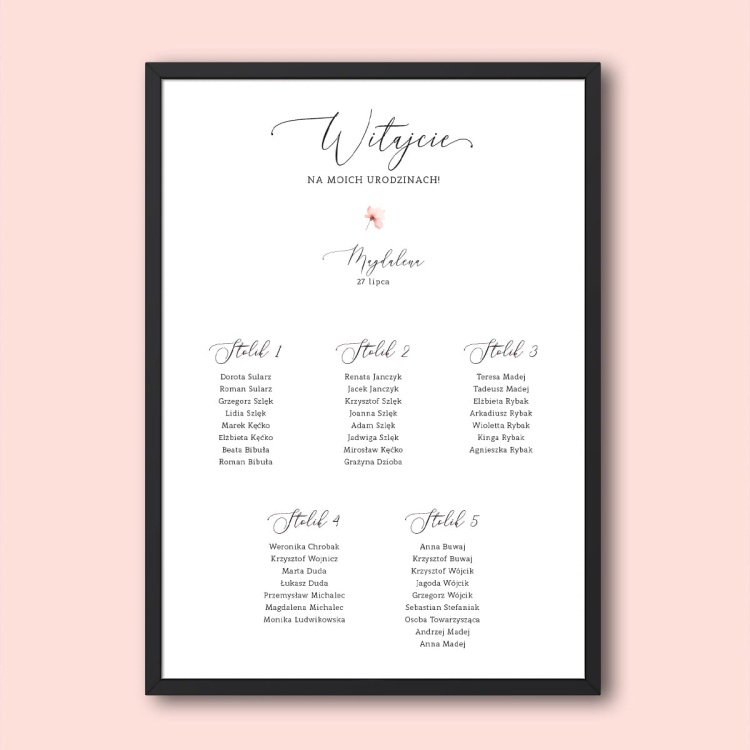 Plan stołu urodzinowego z różowym kwiatuszkiem