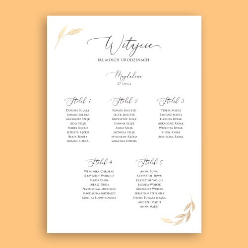 Plan stołu urodzinowego ze złotymi liśćmi