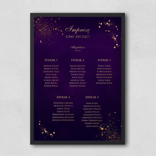 Plan stołu urodzinowego fioletowo-złoty