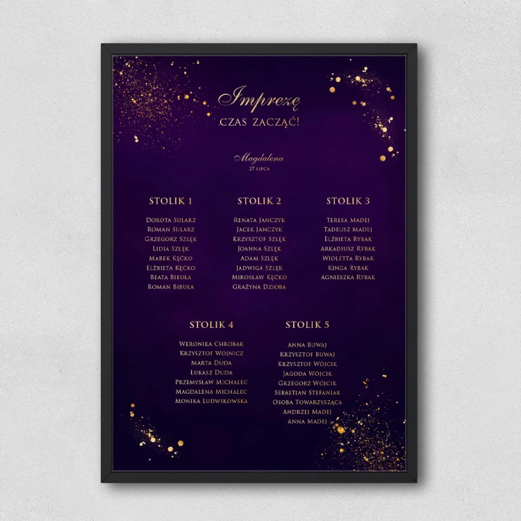 Plan stołu urodzinowego fioletowo-złoty