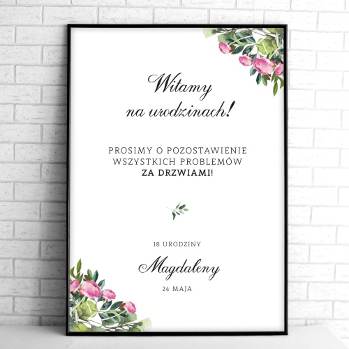Tablice powitalne na przyjęcie urodzinowe z piwonią