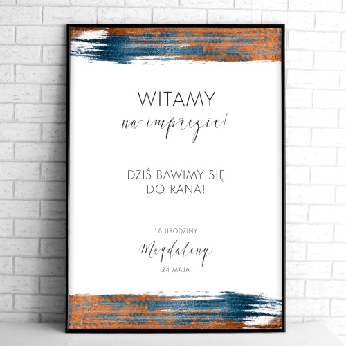 Tablice powitalne na przyjęcie urodzinowe granatowo-miedziane