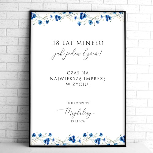 Tablice powitalne na przyjęcie urodzinowe z chabrami
