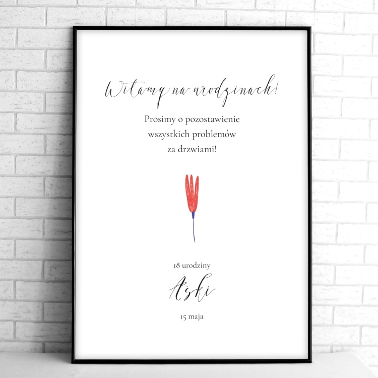 Tablice powitalne na przyjęcie urodzinowe z czerwonym kwiatuszkiem