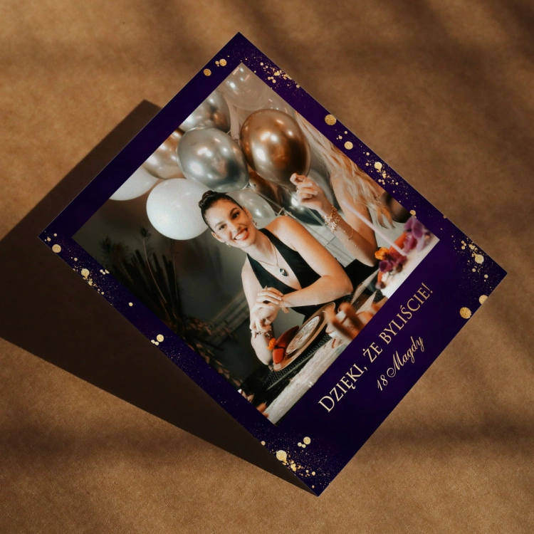 Polaroid podziękowanie dla gości - fioletowo-złote