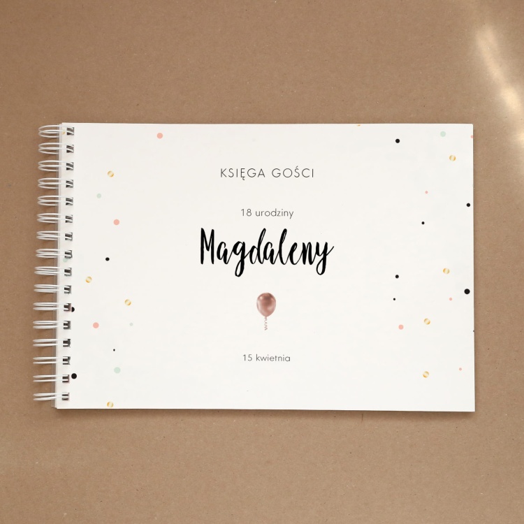 Księga gości na przyjęcie urodzinowe z różowym balonem i confetti