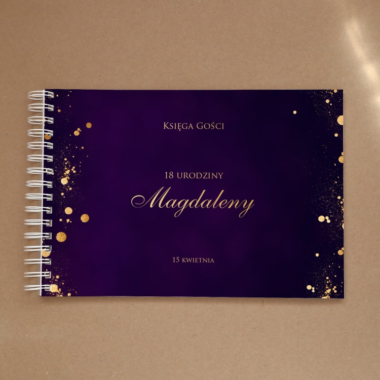 Księga gości na przyjęcie urodzinowe fioletowo-złota