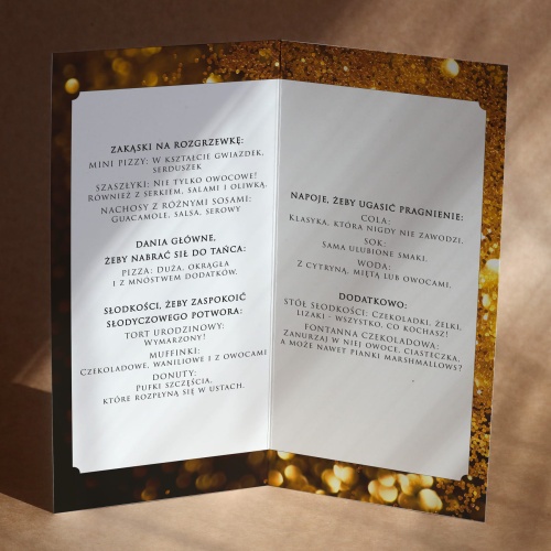 Karty menu na przyjęcie urodzinowe złote