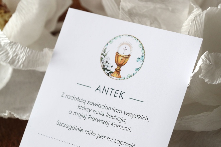 Zaproszenie komunijne z kielichem i wiankiem