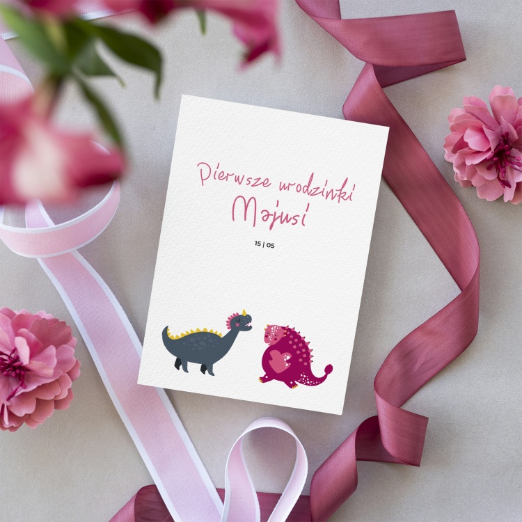 Dziecięce zaproszenia urodzinowe na roczek z różowym dinozaurem