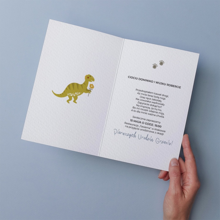 Dziecięce zaproszenia urodzinowe na roczek z dinozaurem