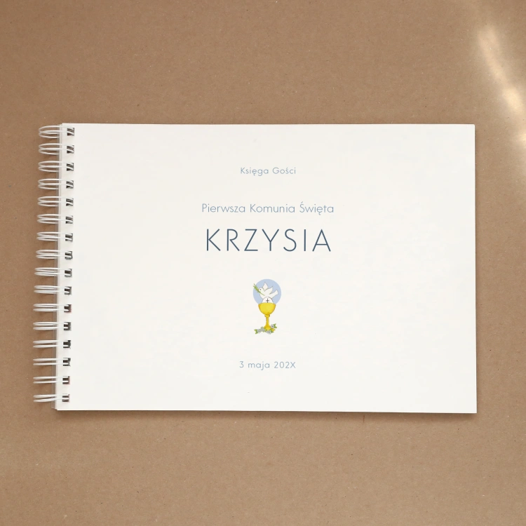 Księga gości na Pierwszą Komunię z kielichem i gołąbkiem