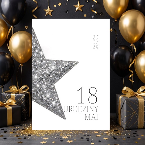 Zaproszenia na 18 urodziny - srebrna gwiazda - składane 10x15 cm