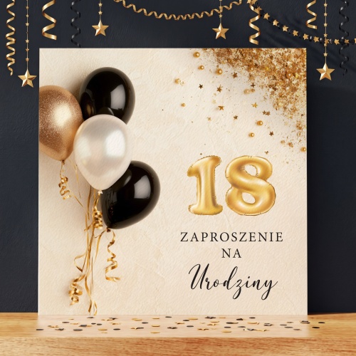 Czarno-złote zaproszenia urodzinowe na 18 - kwadratowe składane