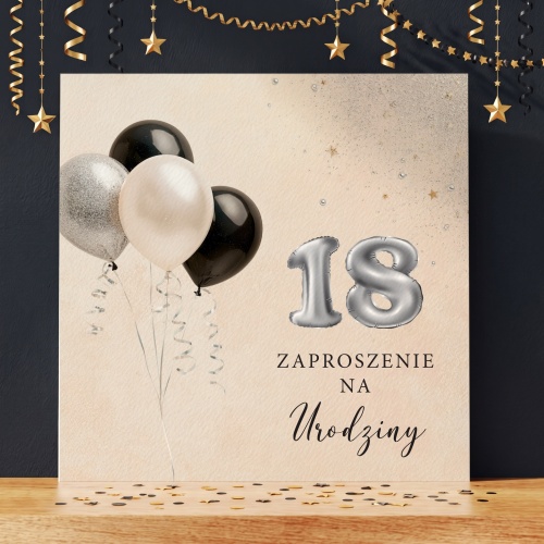 Czarno-srebrne zaproszenia urodzinowe na 18 - kwadratowe składane