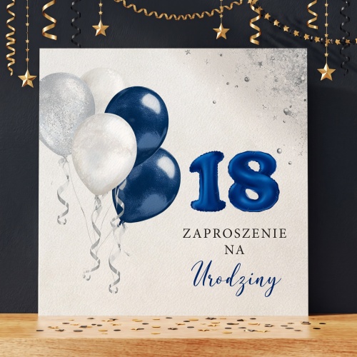 Granatowo-srebrne zaproszenia urodzinowe na 18 - kwadratowe składane