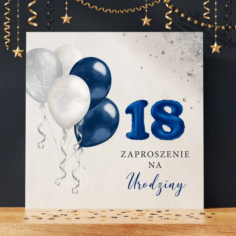 Granatowo-srebrne zaproszenia urodzinowe na 18 - kwadratowe składane