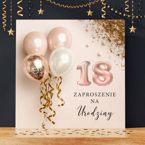 Różowo-złote zaproszenia urodzinowe na 18 - kwadratowe składane