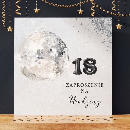 Czarno-srebrne zaproszenia urodzinowe na 18 - kwadratowe składane