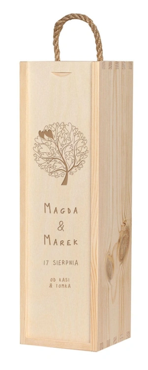 Grawerowana, woskowana skrzynka na wino ślubne z podpisem