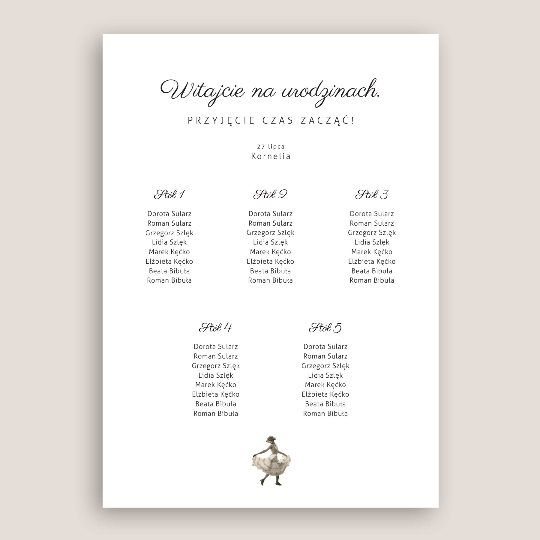 Vintage plan stołu urodzinowego z tańczącą kobietą