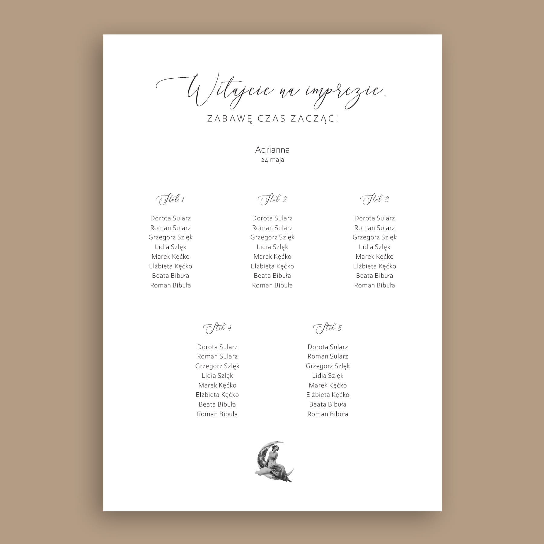 Vintage plan stołu urodzinowego z panią na księżycu