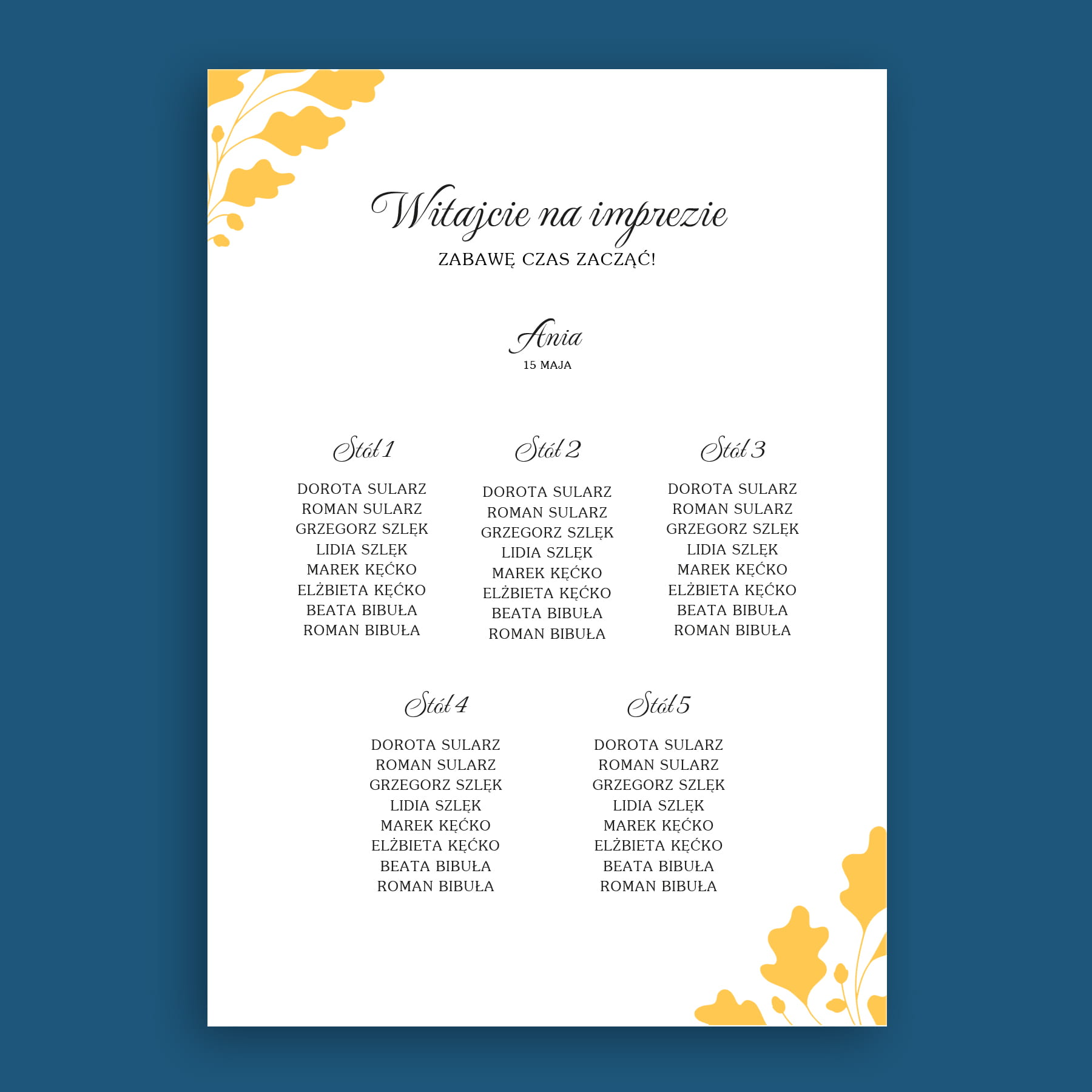 Plan stołu urodzinowego z żółtymi listkami