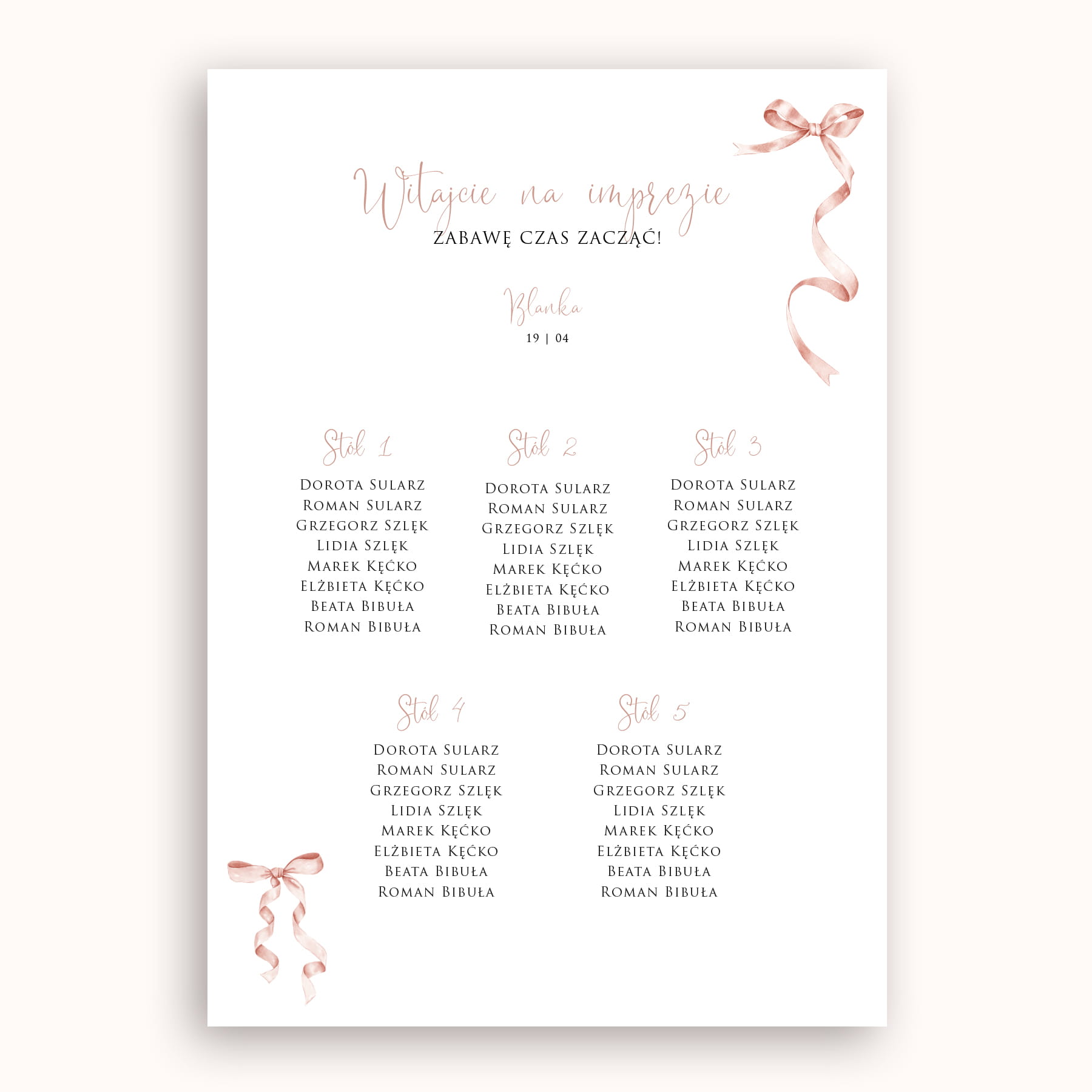 Plan stołu urodzinowego ze wstążkami