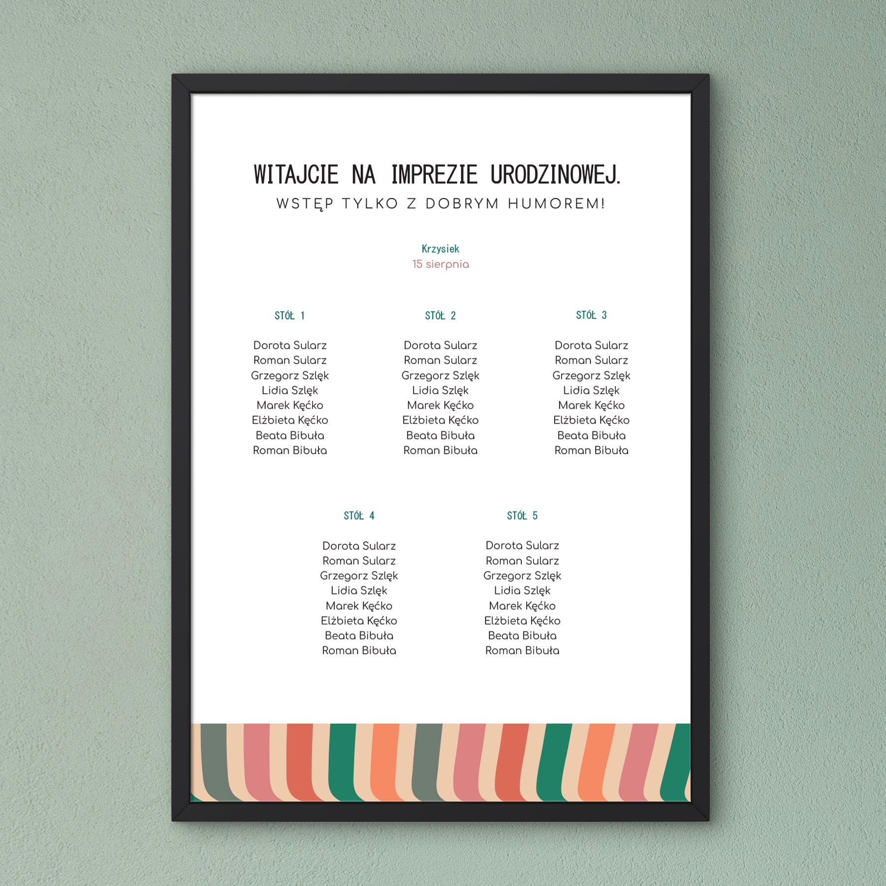 Plan stołu urodzinowego z kolorowymi paskami