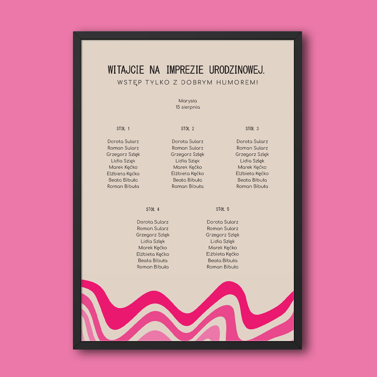 Plan stołu urodzinowego z różową falą