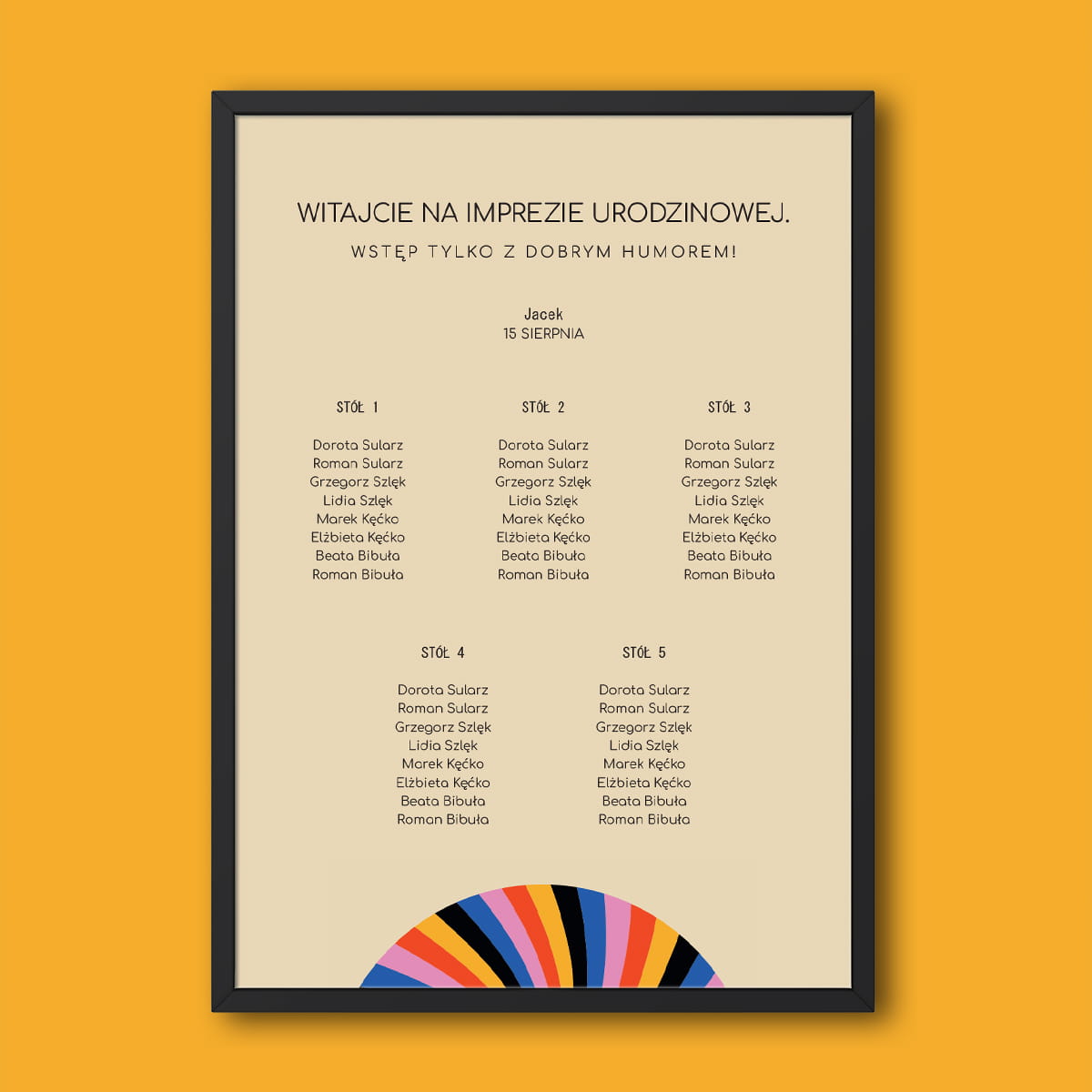 Plan stołu urodzinowego z kolorowym wzorkiem