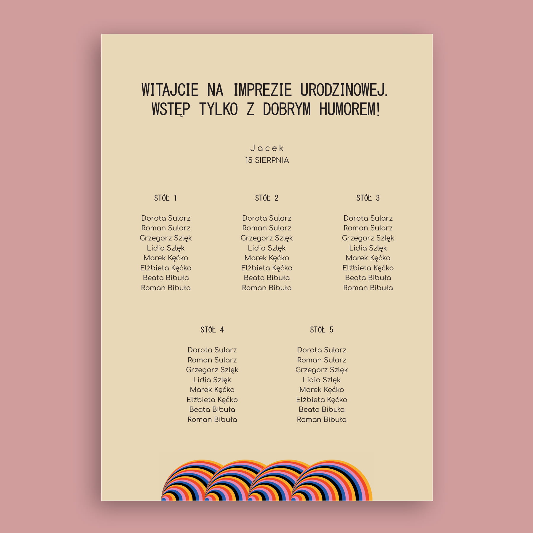 Plan stołu urodzinowego z kolorowym wzorkiem