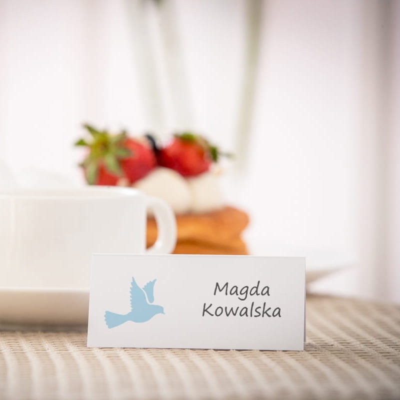 Biało niebieskie eleganckie winietki na komunię z gołębiem