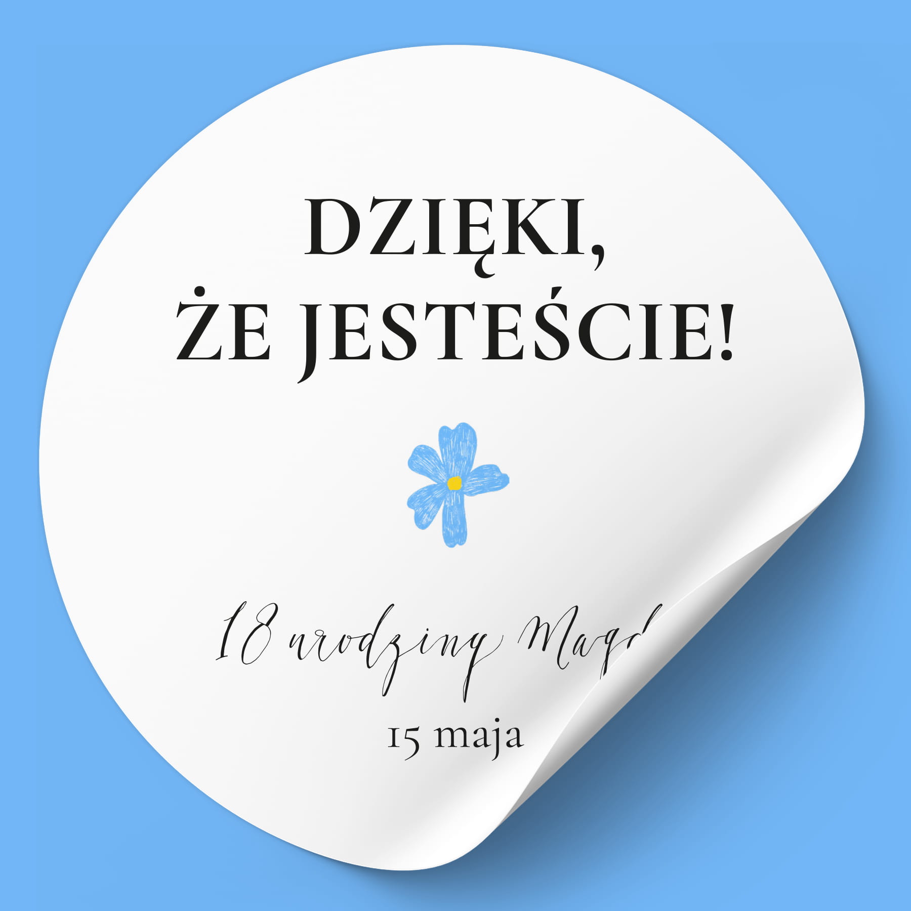 Winietki naklejki na urodziny z niebieskim kwiatkiem