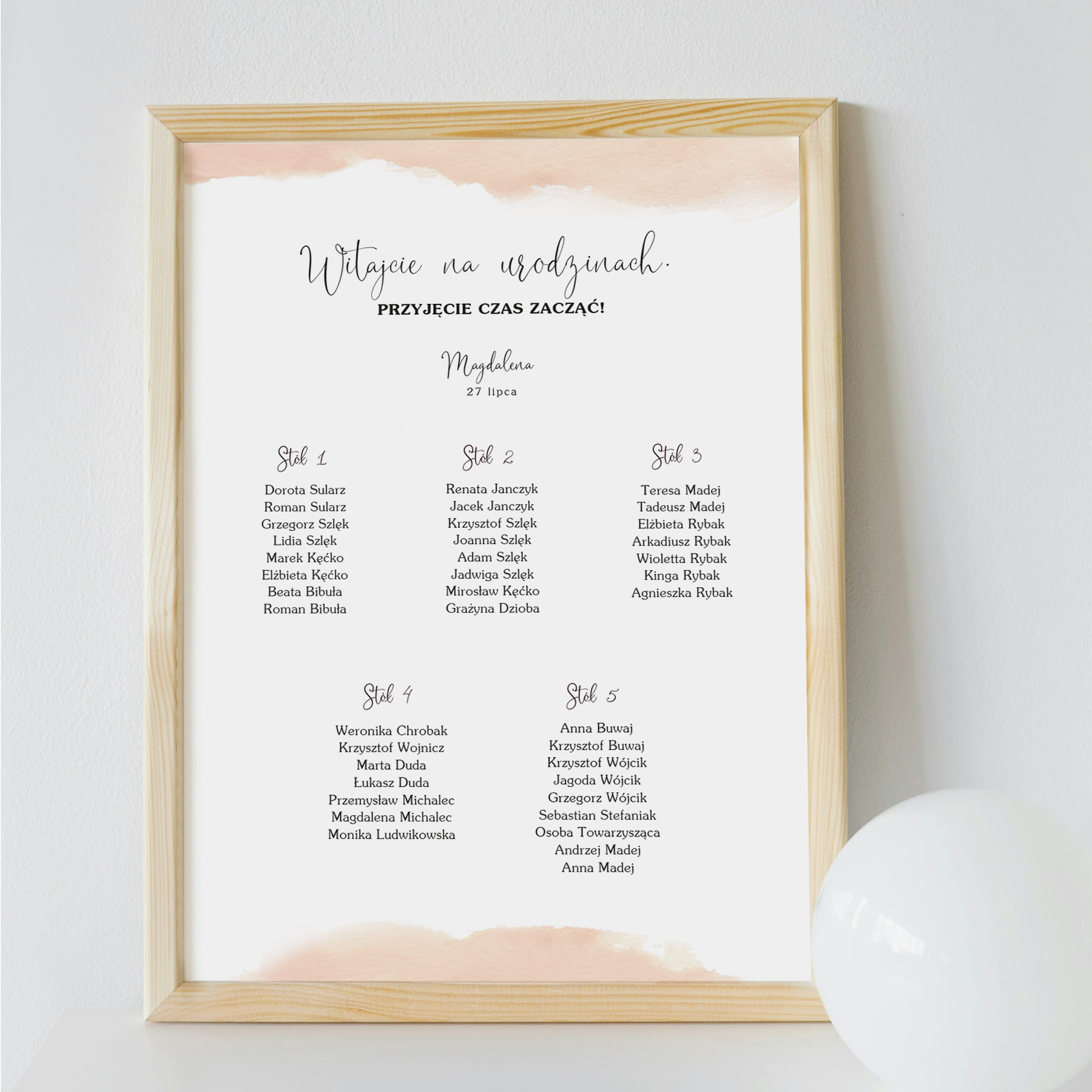 Plan stołu urodzinowego pudrowo różowy