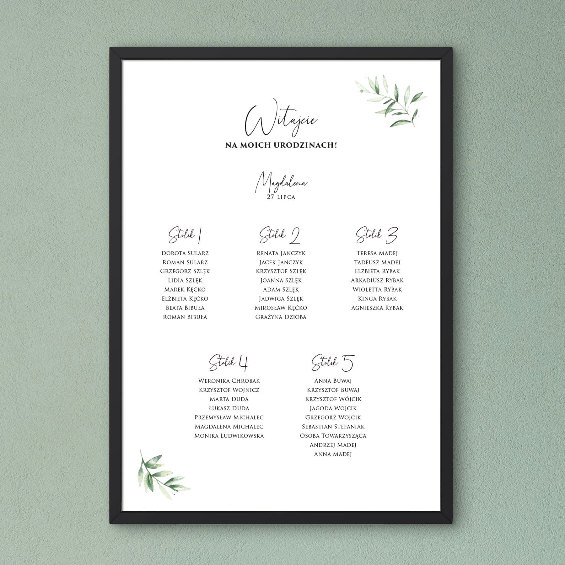 Plan stołu urodzinowego z motywem delikatnych liści