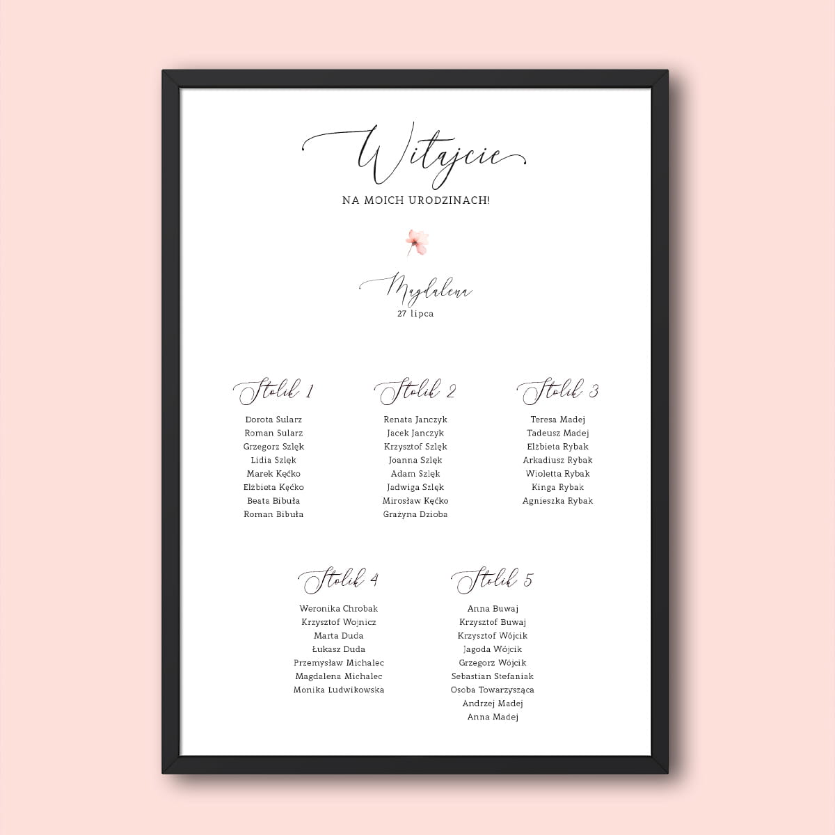 Plan stołu urodzinowego z różowym kwiatuszkiem