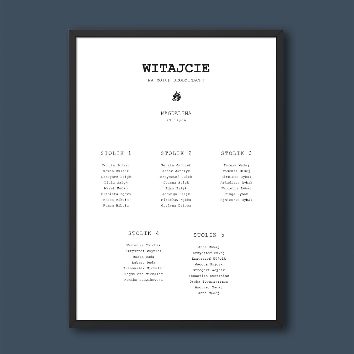 Plan stołu urodzinowego z kulą dyskotekową