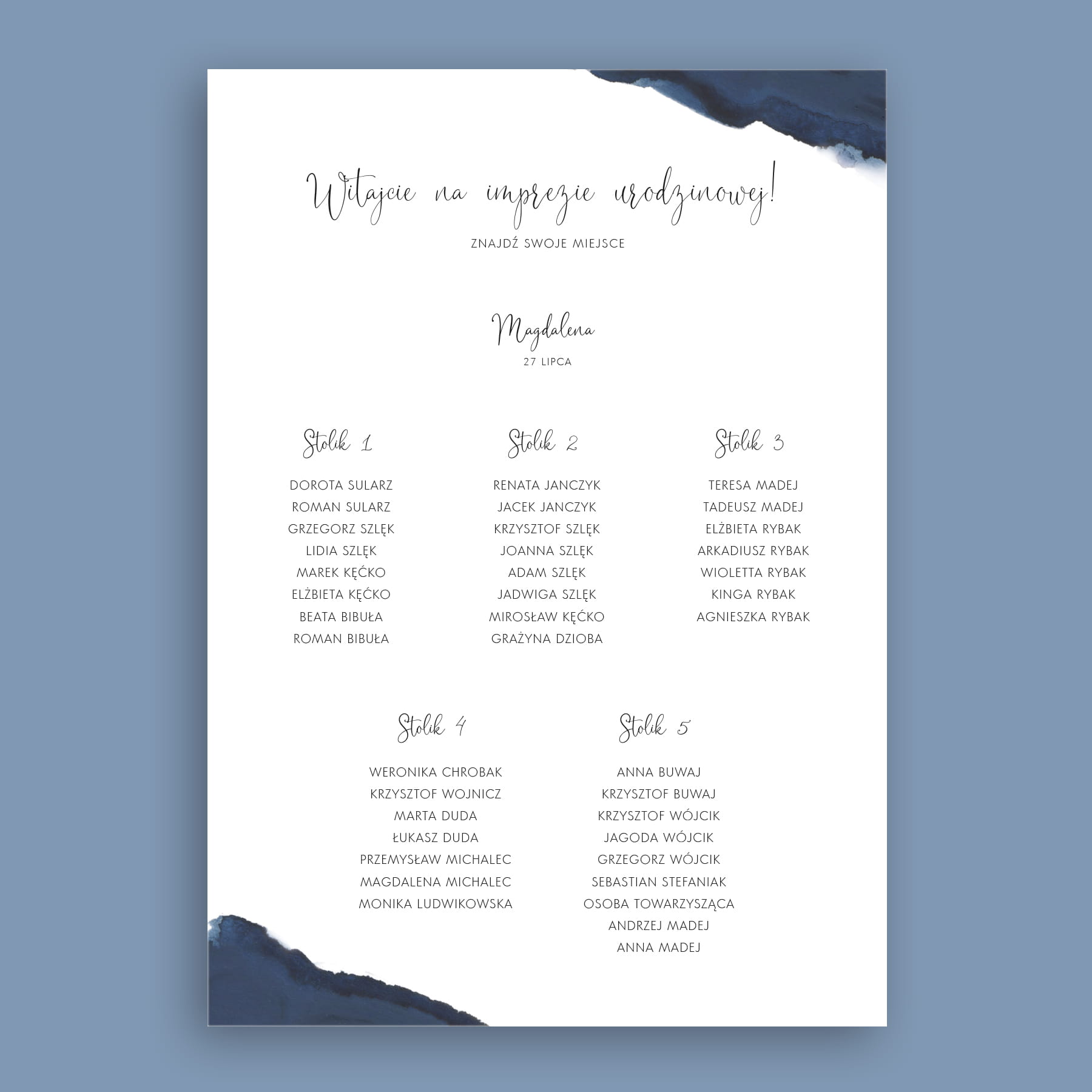 Plan stołu urodzinowego granatowy