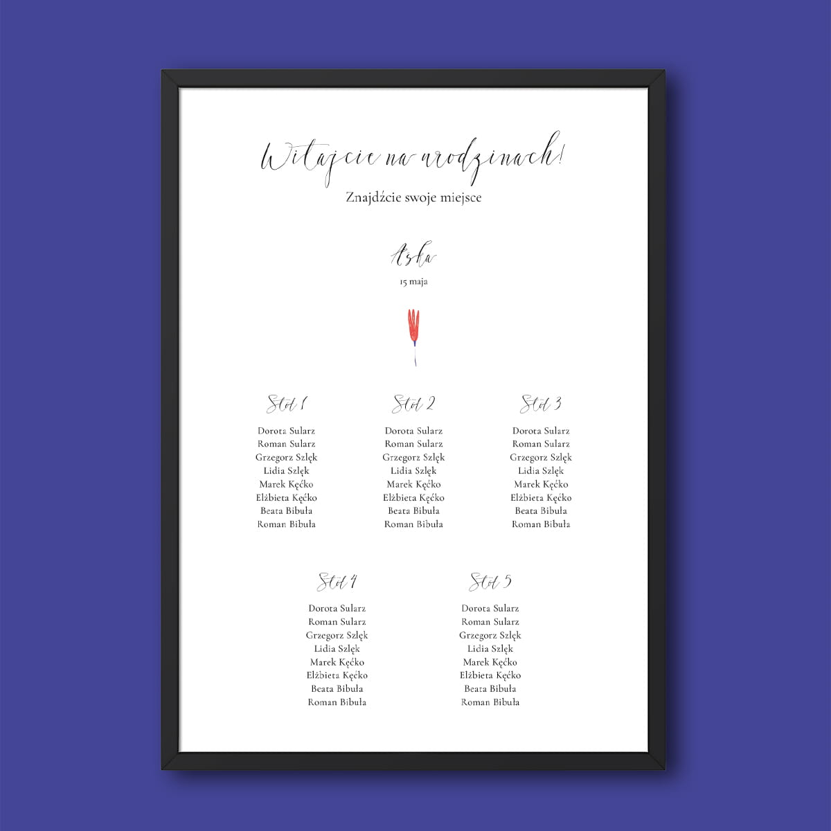 Plan stołu urodzinowego z czerwonym kwiatuszkiem