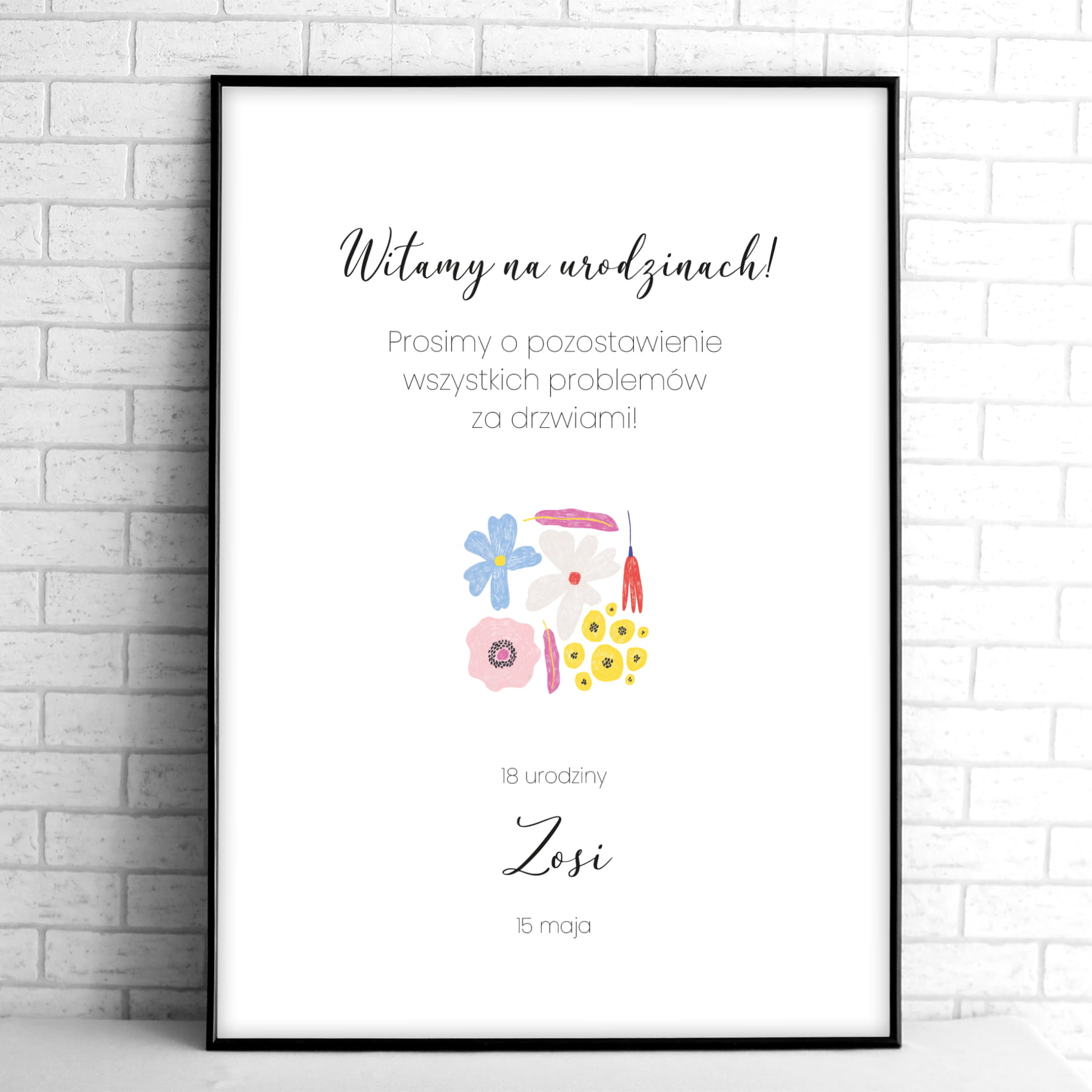 Tablice powitalne na przyjęcie urodzinowe z kolorowymi kwiatami