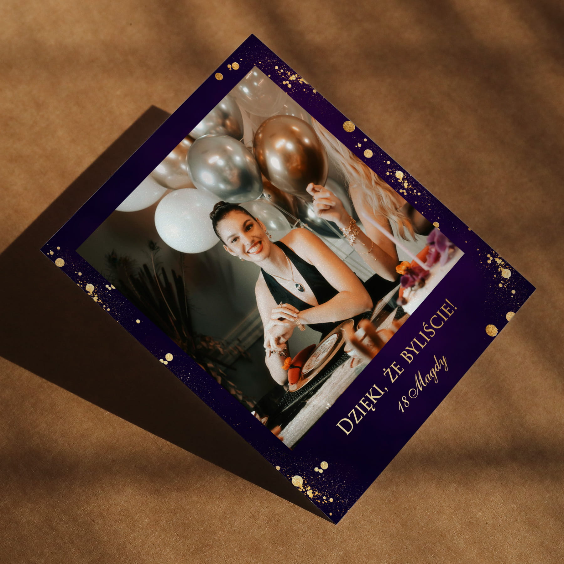 Polaroid podziękowanie dla gości - fioletowo-złote