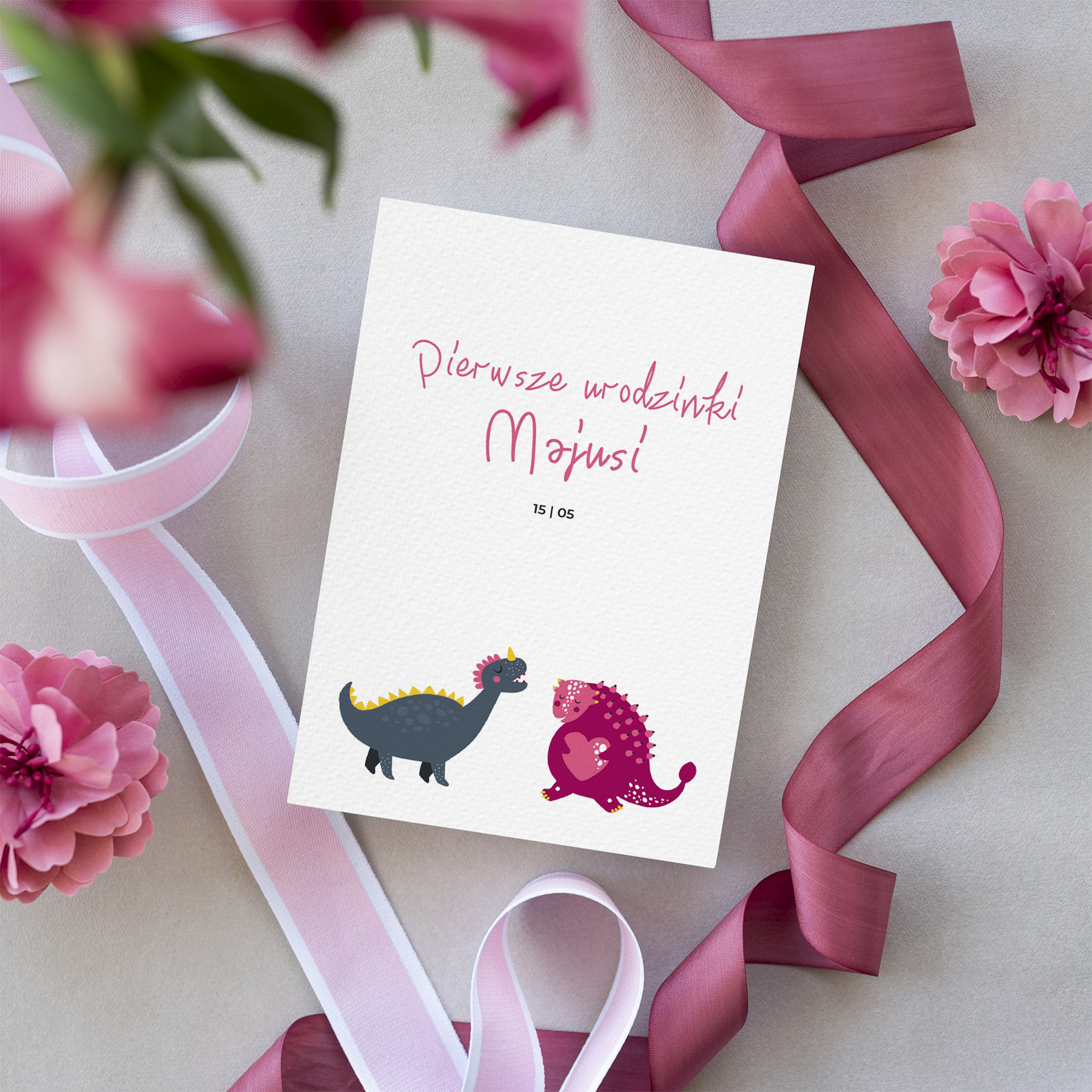 Dziecięce zaproszenia urodzinowe na roczek z różowym dinozaurem