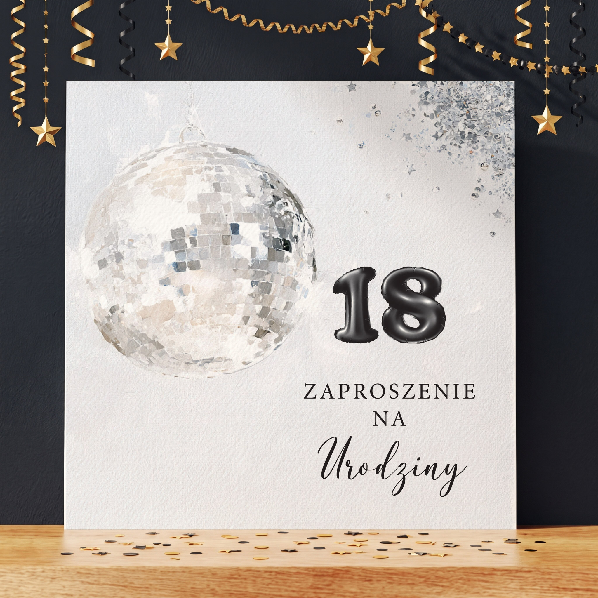Czarno-srebrne zaproszenia urodzinowe na 18 - kwadratowe składane